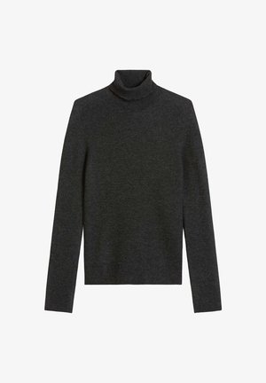 Pull à col roulé gris foncé en tissu côtelé. Manches longues et design ajusté avec un col haut roulé.