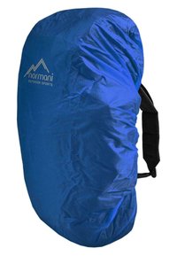 Blauer wasserdichter Rucksacküberzug mit texturierter Oberfläche, ausgestattet mit schwarzen Trägern und einem Logo, gerundete Oberseite, geeignet für den Einsatz im Freien.