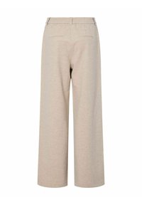 Beige wijde broekspijpen gemaakt van zacht materiaal, met een elastische tailleband en twee achterzakken. Gladde textuur en minimalistisch design.