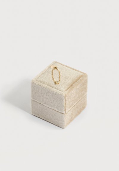 Μικρό χρυσό βραχιόλι αλυσίδα με ένα λεπτό φυλαχτό, τοποθετημένο πάνω σε βελούδινο μπεζ κουτί κοσμημάτων πάνω σε λευκό φόντο.