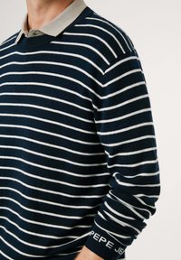 Tums zila svītrota džemperis ar baltām svītrām un bēšu apkakli. Iespējas ietver pieguļošas aproces ar logotipa detaļu, izgatavots no mīkstas dzijas materiāla.