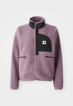 Purple fleece jacket with black buttoned pocket on chest, black collar, and two zippered side pockets.