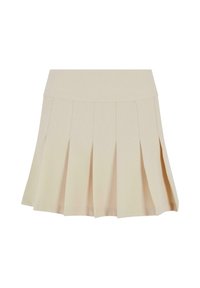 Mini-jupe plissée beige avec une large ceinture, évasée en bas pour un look structuré et superposé.