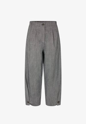 Grijze broek met hoge taille en wijde pijpen, voorzien van voorplooien, knoopsluiting in de tailleband en knoopdetails bij de enkelboorden.