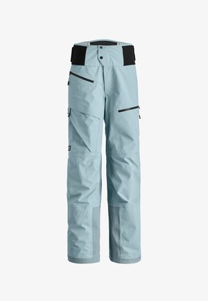 Light blue snow pants with a high waist, black elastic waistband, multiple zippered pockets, reinforced lower legs, and textured panel accents.
