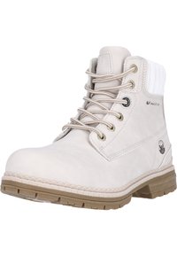 Hellbeige Knöchelstiefel aus Wildleder mit einem weißen Fleece-Kragen, beigen Schnürsenkeln und einer robusten Gummisohle mit strukturiertem Grip.