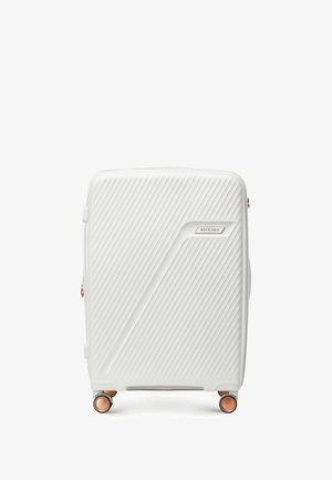 Witte harde koffer met diagonale groeven, roségouden ritsen en vier wielen. Beschikt over een zijhandvat en een merkaccent.