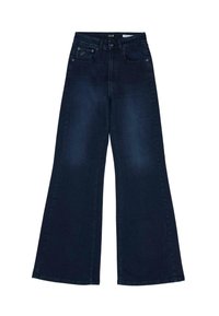 Pantalones de mezclilla de pierna ancha en azul oscuro con cintura alta, que cuentan con cinco bolsillos y costuras en contraste a lo largo de las costuras.