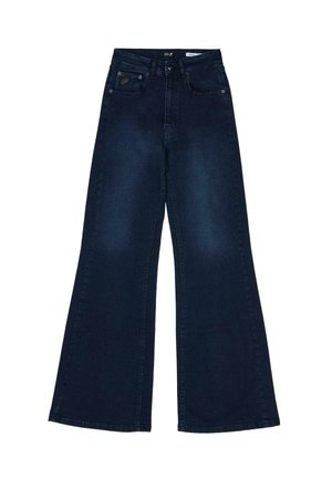 Pantalones de mezclilla de pierna ancha en azul oscuro con cintura alta, que cuentan con cinco bolsillos y costuras en contraste a lo largo de las costuras.