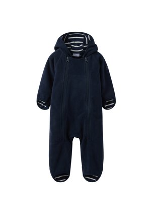Navy blue baby fleece onesie with hood and striped inner lining, featuring two front zippers and covered feet.