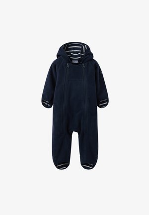 Mørkeblå babyfleecedragt med hætte og stribet inderfor, med to frontlynlåse og dækkede fødder.