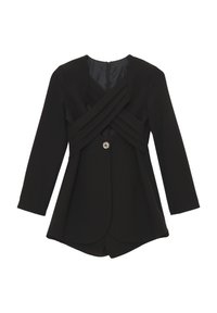Blazer lungo nero con maniche lunghe, pannelli in tessuto incrociati sul petto e chiusura frontale con un singolo bottone argento.