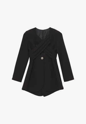 Blazer lungo nero con maniche lunghe, pannelli in tessuto incrociati sul petto e chiusura frontale con un singolo bottone argento.