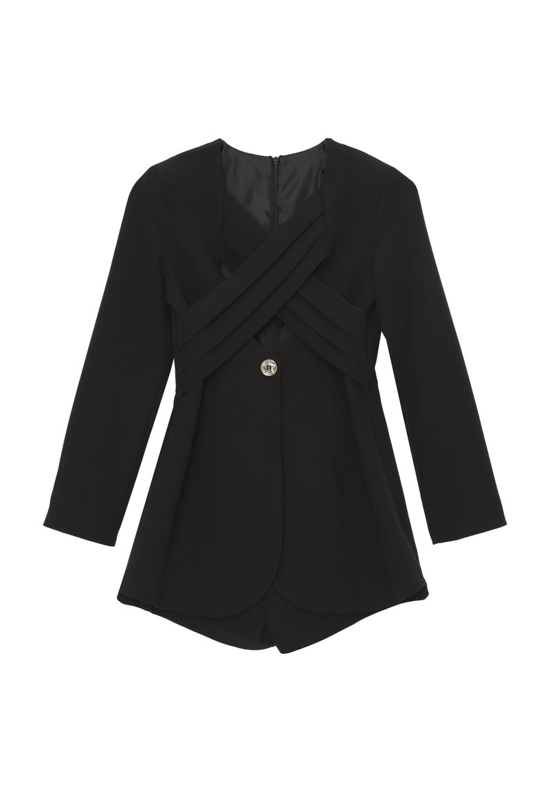 Blazer lungo nero con maniche lunghe, pannelli in tessuto incrociati sul petto e chiusura frontale con un singolo bottone argento.
