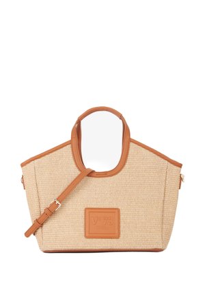 Borsa tote beige intrecciata con rifiniture in pelle cuoio, manici, tracolla regolabile e patch frontale con rilievo "V°73 Venezia."