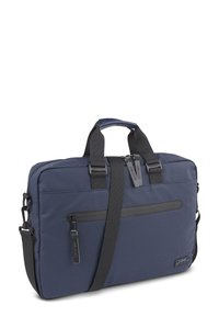 Bolsa de tela color azul marino para laptop con dos asas superiores y correa de hombro ajustable. Presenta un bolsillo frontal con cremallera y acentos de costuras reforzadas.