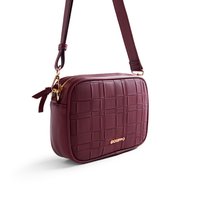 Burgundy crossbody bag made of faux leather, featuring woven texture, gold hardware, a zip closure, and a detachable strap.