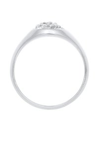 Bague en argent avec un groupe de petits diamants ronds disposés en motif floral sur une bande lisse, vue de côté.