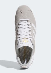 Szare zamszowe sneakersy z białymi paseczkami i sznurówkami. Posiadają białą język z złotymi akcentami. Gruba podeszwa, wyściełany kołnierz i teksturowana wkładka.