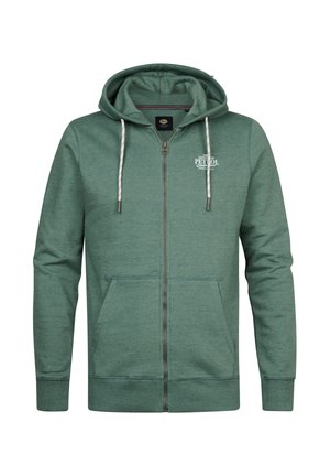 Groene katoenen capuchontrui met rits, aantrekkoord in de capuchon, voorspatzakken, geribbelde manchetten en een klein logo op de borst. Zachte textuur.