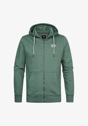 Hanorac verde din bumbac cu fermoar, glugă cu șnur, buzunare frontale, manșete elastice și un mic logo pe piept. Textură moale.