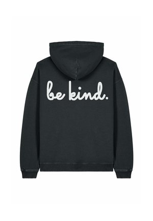 Black hoodie made of soft fabric; features a large white text print "be kind" on the back; includes a drawstring hood and ribbed cuffs.