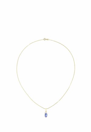 Auksinio tono grandinėlės vėrinys su ovalo formos purpuriniu brangakmeniu, pritvirtintu įtaisytu laikikliu. Grandinėlės dizainas elegantiškas ir minimalistinis.