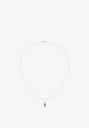 Kultavärinen ketjukoru, jossa on soikea violetti jalokiviriipus piikkikiinnityksellä. Ketju on tyylikäs ja minimalistinen.