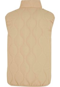 Beige padded gilet with a high collar, featuring a wavy quilted pattern and contrasting stitching. No sleeves, straight cut, and hem.