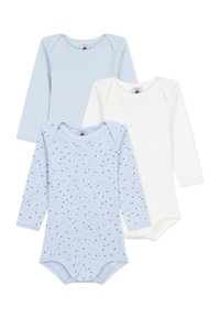 Pacchetto di tre body a maniche lunghe: uno a righe blu chiaro, uno blu chiaro uniforme con motivo a stelle e uno bianco uniforme, tutti in morbido cotone.