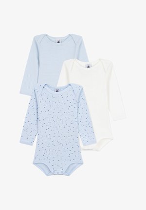 Drei Langarm-Bodypaket: ein hellblau gestreift, ein einfarbig hellblau mit Sternenmuster und ein einfarbig weiß, alle aus weichem Baumwollstoff.