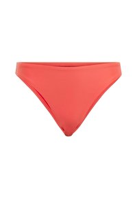 Korale bikini dolne wykonane z gładkiego, elastycznego materiału. Klasyczny krój z wąskimi bocznymi paskami i bez wzorów czy ozdób.