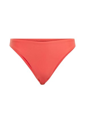 Korale bikini dolne wykonane z gładkiego, elastycznego materiału. Klasyczny krój z wąskimi bocznymi paskami i bez wzorów czy ozdób.