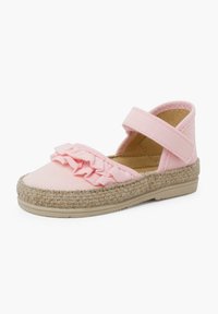 Růžové plátěné espadrilky s volánkovými detaily, juteovou podrážkou a suchým zipem. Zpevněné švy podél okrajů. Plackový design.