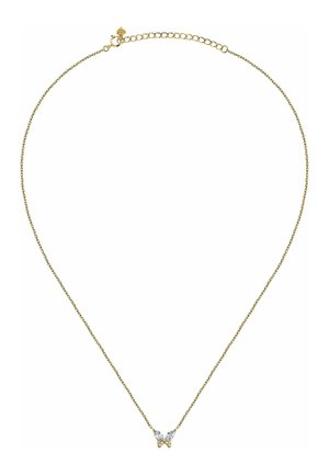 Delicate gold chain necklace with small butterfly pendant featuring two clear gemstones on a white background.