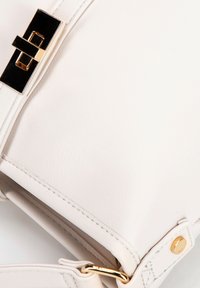 Borsa a tracolla bianca in pelle con una texture liscia, dotata di una chiusura nera e oro e dettagli in hardware dorato. Forma rettangolare con dettagli di cucitura.