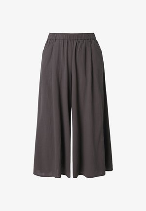 Donkergrijze wijde broek met zachte, gestructureerde stof, elastische tailleband en zijzakken. Losse pasvorm voor comfort en bewegingsvrijheid.
