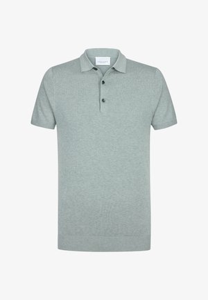 Helles graues Kurzarm-Polohemd aus weichem Stoff, mit Knopfleiste, flachem Kragen und gerippten Bündchen und Saum.