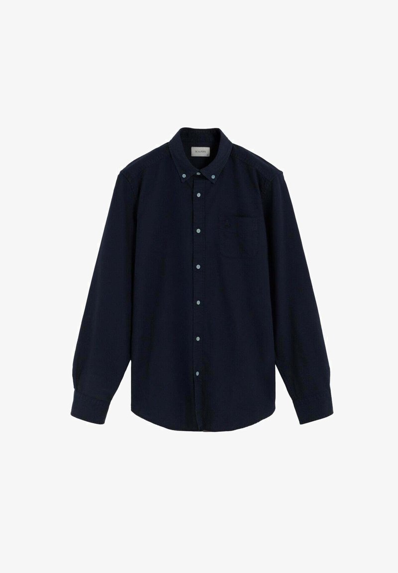 Camisa de botón de manga larga color azul marino, hecha de algodón, con cuello abotonado, bolsillo frontal y botones azul claro en la tapeta.