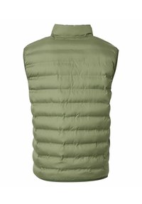 Padded vest w kolorze oliwkowym, bez rękawów, z pikowanymi sekcjami i wysokim kołnierzem. Gładka, matowa faktura tkaniny, bez widocznych elementów metalowych.