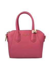 Borsa a tracolla rosa in pelle con due manici, hardware dorato e logo frontale. Presenta una forma strutturata e una superficie testurizzata. Decorata con un nastro.