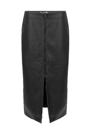 Zwarte leren rok met een ritssluiting aan de voorkant en een split. Strakke, licht aansluitende pasvorm met een zoom die net onder de knie valt.