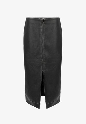 Zwarte leren rok met een ritssluiting aan de voorkant en een split. Strakke, licht aansluitende pasvorm met een zoom die net onder de knie valt.