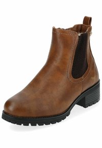 Bottine en cuir marron avec des panneaux latéraux élastiques, bout rond, surface texturée et semelle en caoutchouc noir avec un talon en bloc.