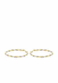 Pendientes en forma de aro retorcido que presentan tonos alternos de oro y plata, con un acabado pulido y cierres con bisagra para un uso seguro.