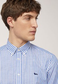Blauw-wit gestreepte button-up shirt met kraag, voorzien van een klein geborduurd logo op de linkerkant van de borst. Zachte stoftextuur.