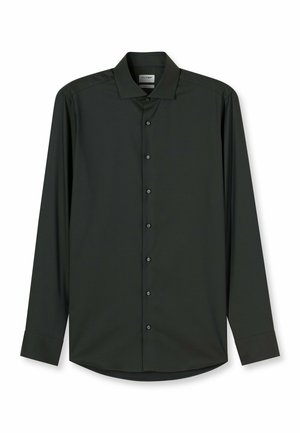 Donkergroen shirt met lange mouwen van gestructureerde stof, met een knoopsluiting aan de voorkant, een puntige kraag en knoopmanchetten.