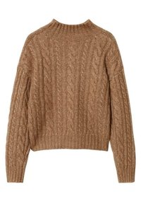 Un pull en tricot torsadé marron avec un col montant et un ourlet côtelé. La texture est tissée avec un motif en câble distinct, lui donnant profondeur et dimension.