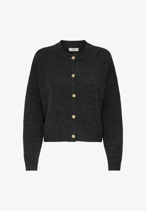 Cardigan de punto gris oscuro con cuello redondo y mangas largas, que presenta seis botones dorados en la parte delantera y un dobladillo corto.