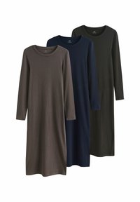 Drei Langarmkleider: eines gestreift in Braun und Marineblau, eines einfarbig in Marineblau und eines einfarbig in Dunkelgrün. Weicher Stoff, lockerer Schnitt, Rundhalsausschnitt.